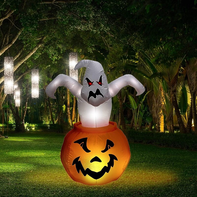 6 Ft Halloween Inflatable Ghost Pumpkin with LED Light, for Outdoor Indoor Garden Yard Lawn Blow Up Halloween Decorations, Holiday Party Decor4