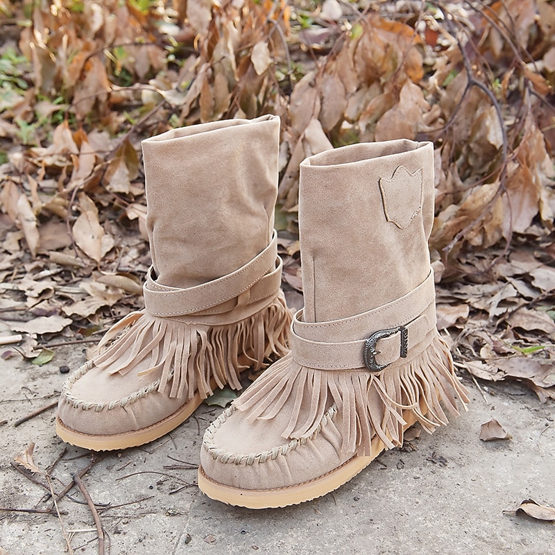 Women's Fringe Suede Moccasin Boots with Buckle Detail - Casual and Comfortable Western Style Ankle Boots3