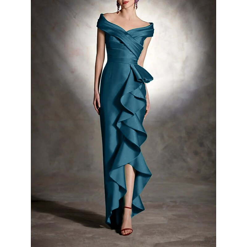 Sheath Cocktail Dresses Elegant Dress Formal Wedding Guest Asymmetrical Sleeveless Off Shoulder Satin with Ruffles Dresses4