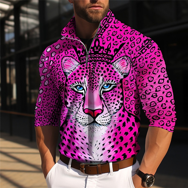 Men's Animal Leopard Long Sleeve Polo Shirts Zip Casual Outdoor Casual Daily Streetwear 3D Print Fall & Winter Yellow Dark Pink Blue2