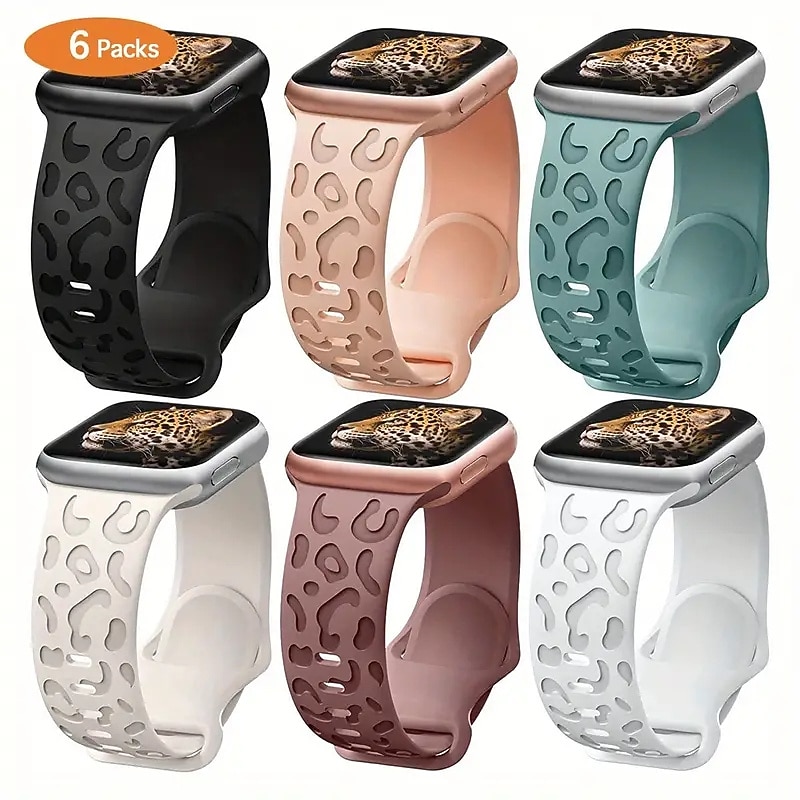 1pack 6 Pack Sport Band Compatible with Apple Watch band 38mm 40mm 41mm 42mm 44mm 45mm 49mm Women Leopard Breathable Silicone Strap Replacement Wristband for iwatch Ultra 2 Series 9 8 7 SE 6 5 4 3 2 1