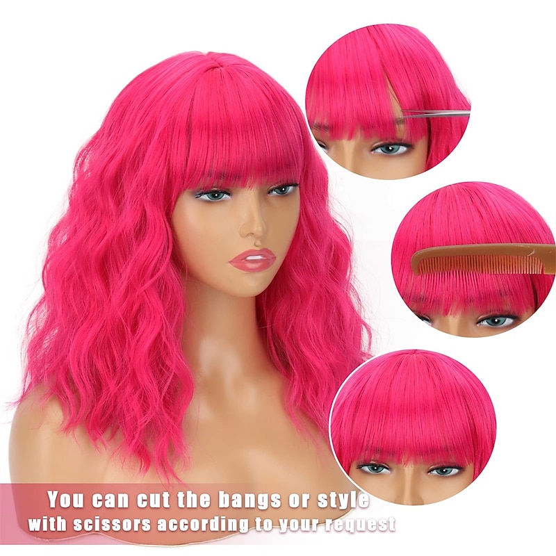 Short Pink Wigs for Women Short Wavy Hot Pink Wigs with Bangs Synthetic Pink Curly Bob Wig Curly Shoulder Length Cosplay Wig for Women Girls Colored Wigs2