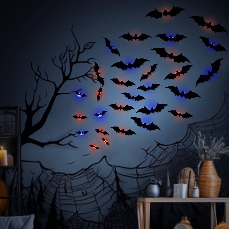 Halloween 12/24pcs LED Light Bats Wall Decor, 3D Bat Halloween Decorations Indoor Bat Stickers, Waterproof Black Spooky DIY Bats for Home Decor Indoor Outdoor Party Decoration2