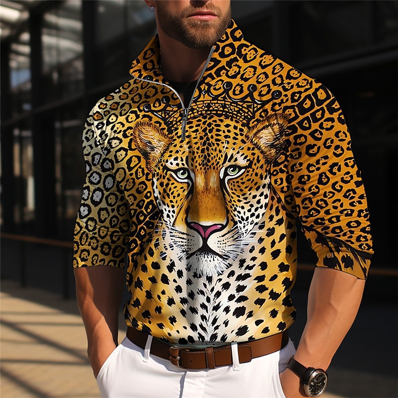 Men's Animal Leopard Long Sleeve Polo Shirts Zip Casual Outdoor Casual Daily Streetwear 3D Print Fall & Winter Yellow Dark Pink Blue