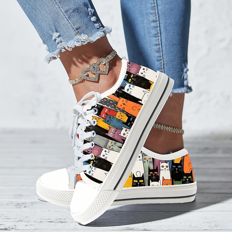Women's Colorful Cat Print Canvas Sneakers – Cute Lace-Up Casual Shoes for Cat Lovers, Daily Wear & Walking