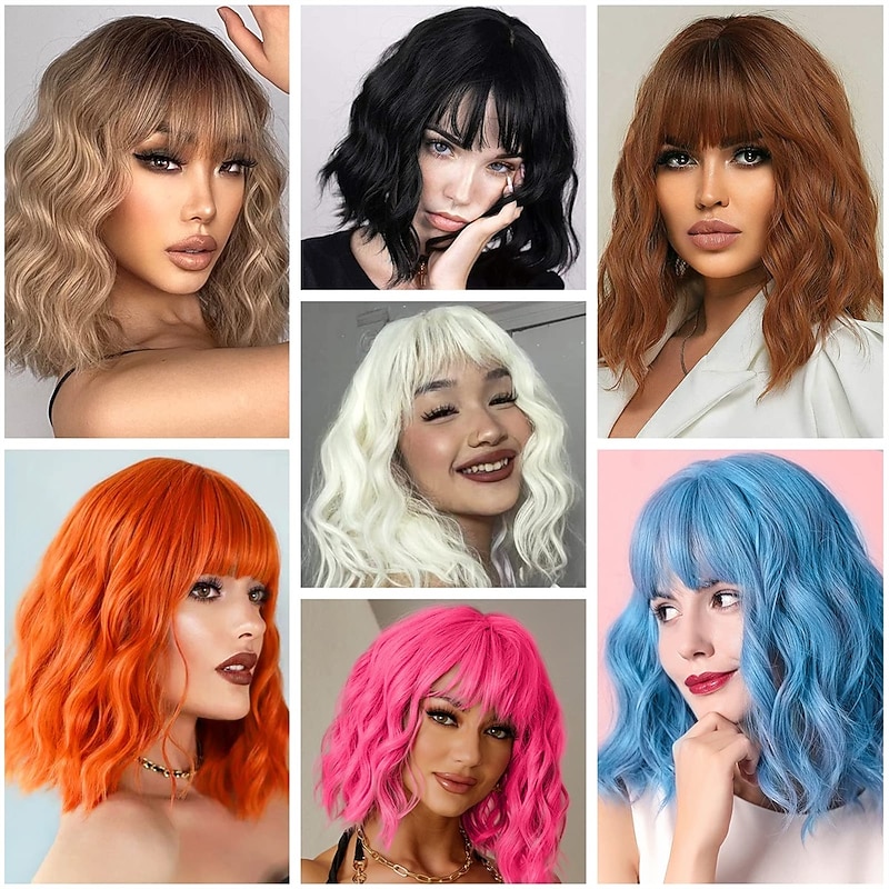 Short Pink Wigs for Women Short Wavy Hot Pink Wigs with Bangs Synthetic Pink Curly Bob Wig Curly Shoulder Length Cosplay Wig for Women Girls Colored Wigs4