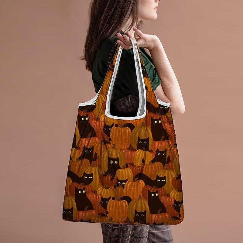Large Capacity Foldable Halloween Tote Bag - Reusable Shopping Bag with Black Cat and Pumpkin Designs2