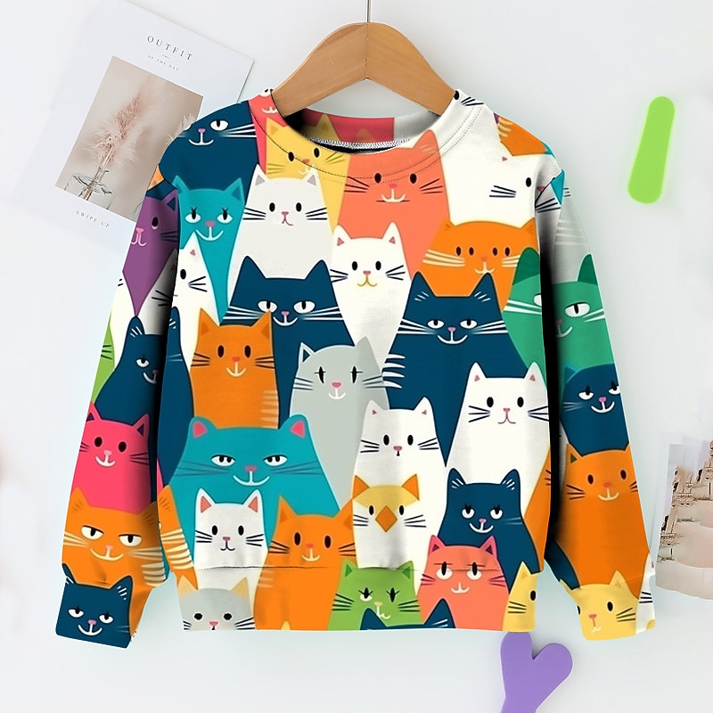Girls' 3D Graphic Cartoon Cat Sweatshirt Long Sleeve 3D Print Summer Fall Fashion Streetwear Adorable Kids 3-12 Years Outdoor Casual Daily Regular Fit4