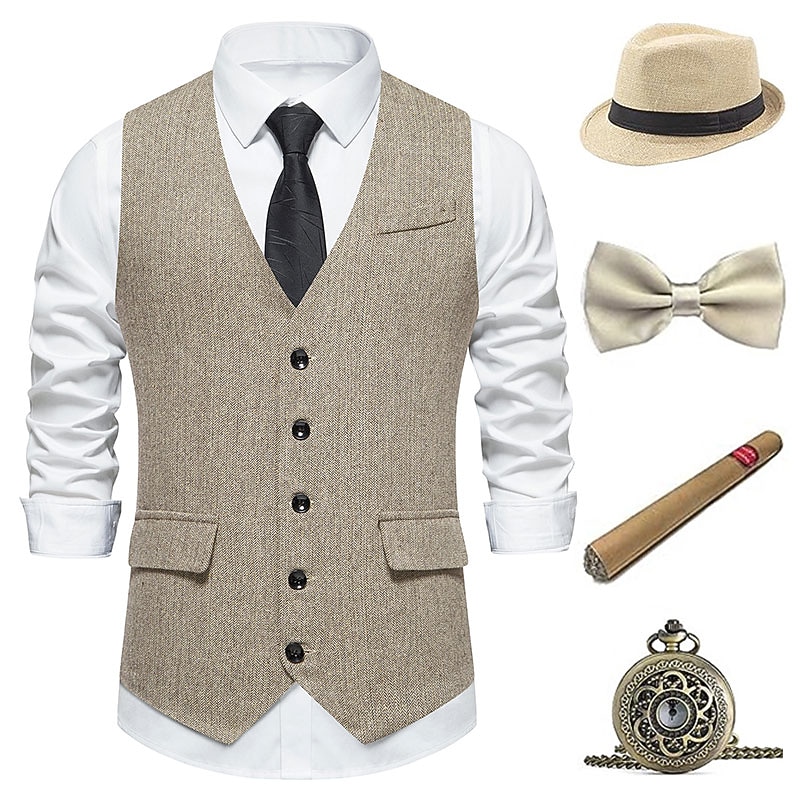 Retro Vintage Roaring 20s 1920s Outfits Waistcoat Panama Hat Normal Gentleman Gangster Fancy Dress Men's Christmas Halloween Carnival Prom Club Bachelorette Party Adults' Vest Bow Hat All Seasons4