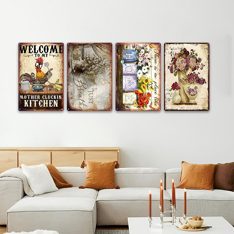 1pc Retro Metal Tin Sign Flower Tin Sign Vintage Kitchen Signs Wall Decor, Painting Wall Hanging for Home Decor Wall Art Metal Tin Sign 20x30cm/8''x12''2