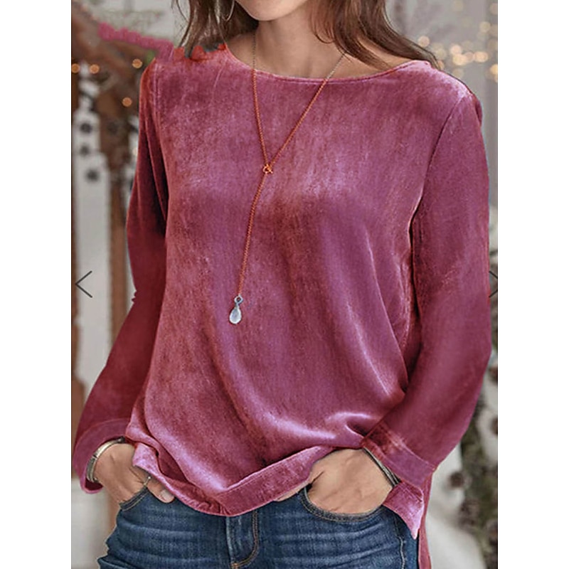 Women's T Shirt Plain Basic Long Sleeve Round Neck Regular Tops Valentine's Day Daily Weekend Black Pink Blue Brown Gray Fall & Winter