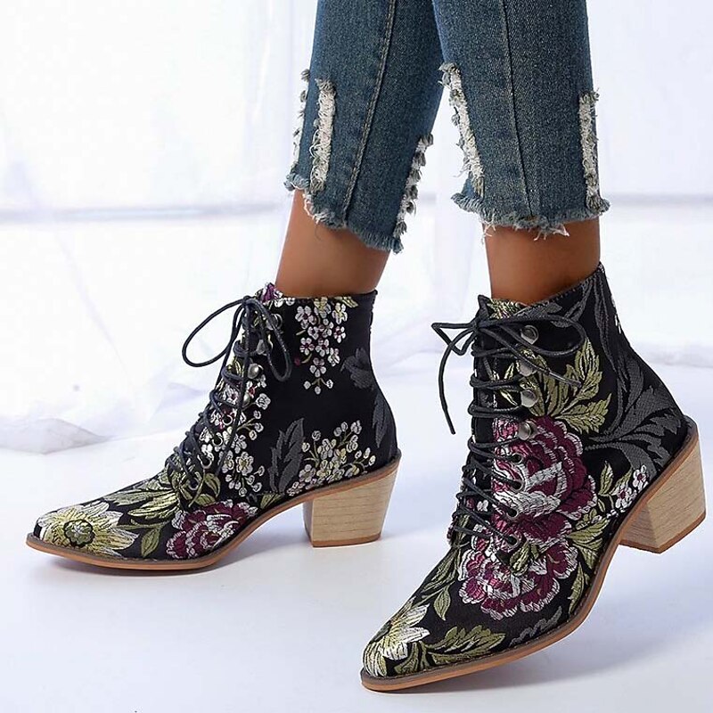 Women's Floral Embroidered Lace-Up Ankle Boots – Vintage Boho Chunky Heel Booties for Fall Winter Festival and Casual Wear2