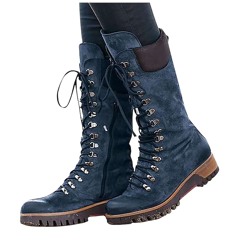 Women's Navy Suede Lace-Up Combat Boots with Side Zipper and Rugged Sole - Stylish High-Cut Boots for Winter and Outdoor Adventures2