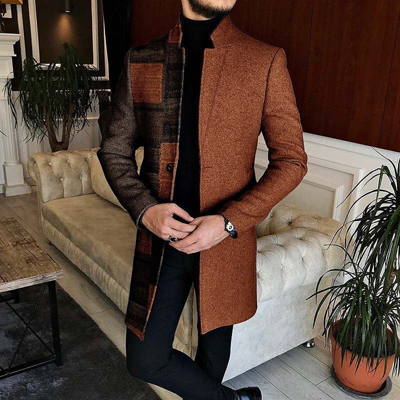Men's Plaid Color Block Marble Winter Coat Overcoat Coat Warm Comfortable Breathable Fashion Streetwear Business Work Wear to work Going out Pocket Print Fall & Winter Turndown Long Sleeve Orange2