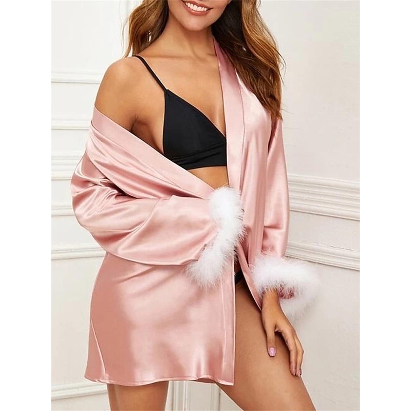 Women's Pajamas Bathrobe Robes Gown Pure Color Simple Casual Comfort Home Daily Bed Satin Lace Breathable V Wire Long Sleeve Summer Fall Home Outfits3