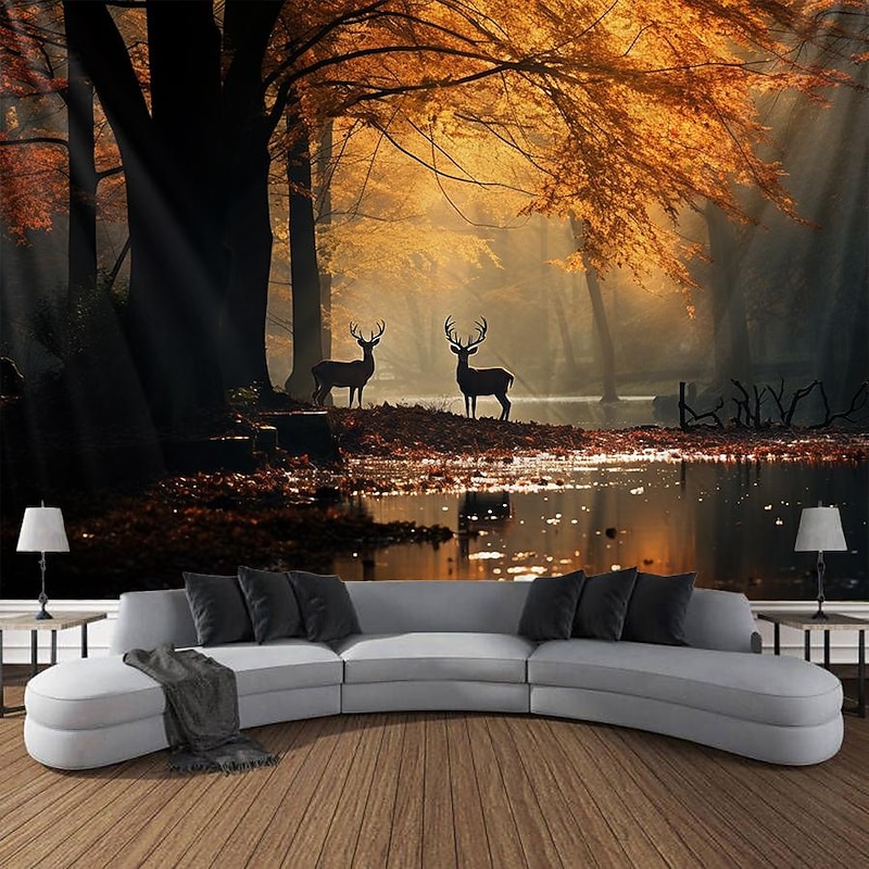 Fall Forest Hanging Tapestry Deer Wall Art Large Tapestry Mural Decor Photograph Backdrop Blanket Curtain Home Bedroom Living Room Decoration