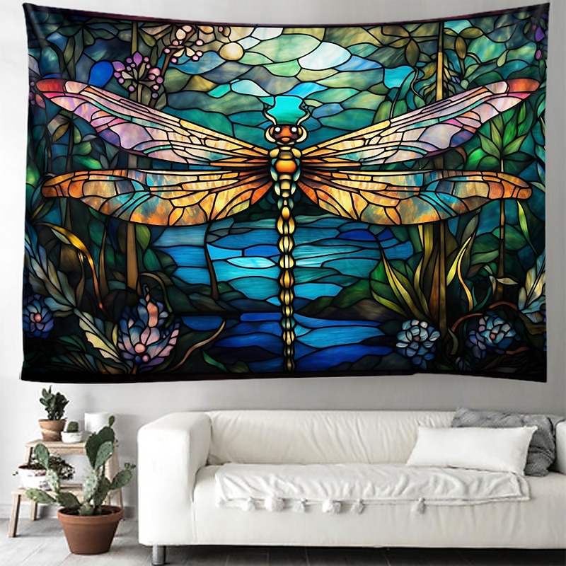 Stained Glass Dragonfly Hanging Tapestry Wall Art Large Tapestry Mural Decor Photograph Backdrop Blanket Curtain Home Bedroom Living Room Decoration4