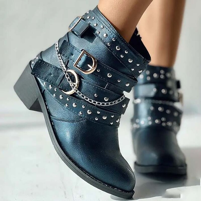 Women's Studded Biker Ankle Boots with Buckle Straps and Chain, Punk Rock Motorcycle Boots for Casual Streetwear and Concert Outfits4