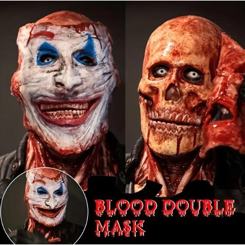 Halloween Blood Double Mask, Joker Skull Scary Realistic Halloween Mask For Adults Costumes Men's Halloween Costume, Frightening Fun Horror Skull Mask