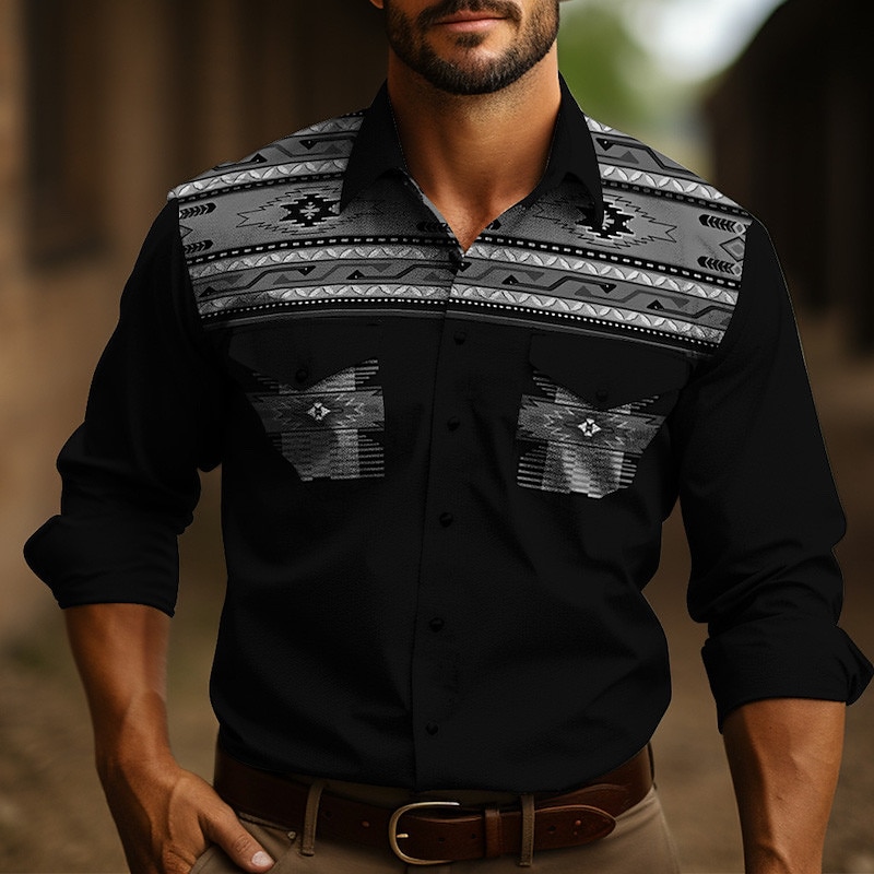 Men's Tribal Graphic Prints Vintage Shirt Western Shirt Cowboy Shirt Long Sleeve Fashion Streetwear Designer Outdoor Daily Fall & Winter Turndown Print Yellow Gray2