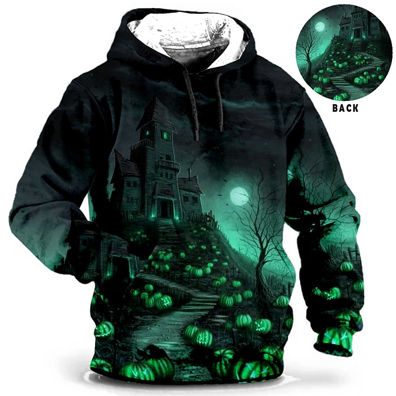 Men's Pumpkin Graphic Prints Hoodie Hoodies Sweatshirt Daily Classic Long Sleeve Hooded Halloween Holiday Going out Blue Brown Print Spring &  Fall Designer3