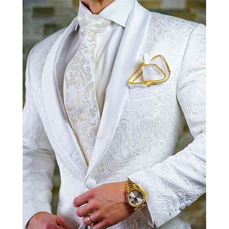 Men's Wedding Prom Suits Shawl Collar Black White Party Jacquard Floral Tailored Fit 2 Piece Single Breasted One-button4