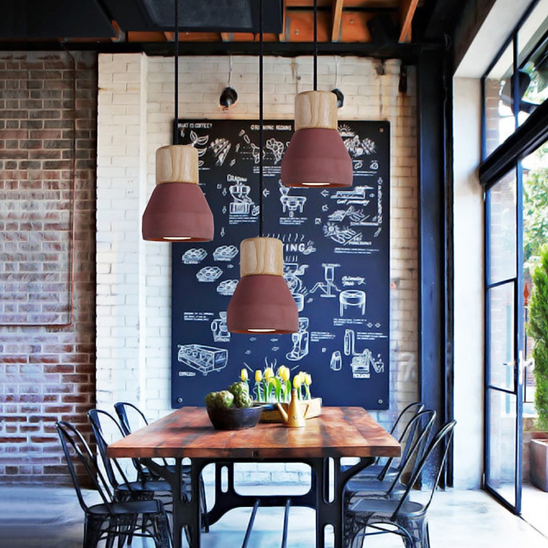 LED Pendant Light Wood Art Cement Concrete Hanging Lamp Simple Cafe Restaurant Bar Pendant Light E27 Light Source Metal Iron Art Droplight Flashlight Concrete Ceiling Light 110-240V2