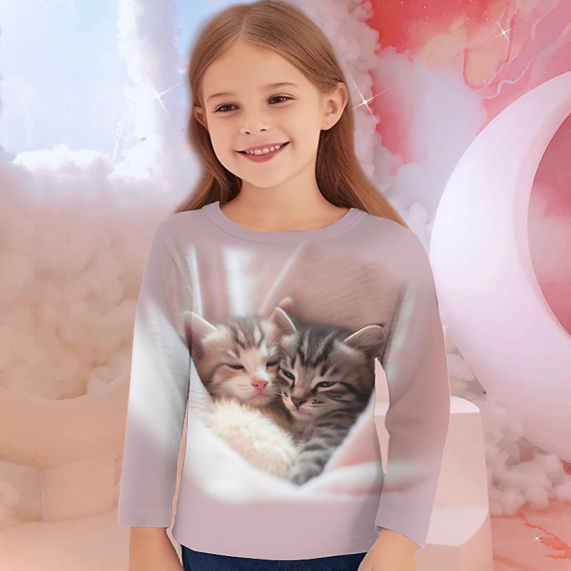 Girls' 3D Graphic Cartoon Cat T shirt Tee Long Sleeve 3D Print Summer Fall Active Fashion Cute Kids 3-12 Years Outdoor Casual Daily Regular Fit3
