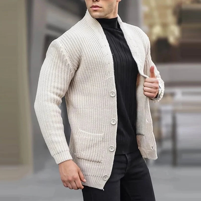 Men's Sweater Cropped Knitted Knit Long Knitted Solid / Plain Color Y Neck Traditional Casual Daily Clothing Apparel Bishop Sleeve Fall & Winter Black White M L XL4