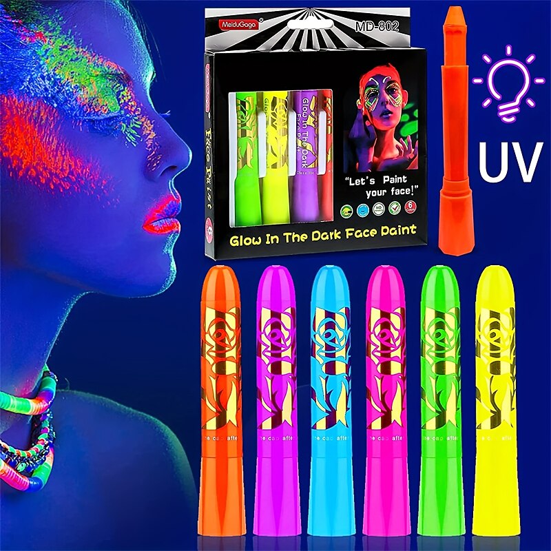6pcs UV Glow Body and Face Paint Kit - Fluorescent Crayons for Adults - Perfect for Birthday Parties, Halloween, and Masquerades3