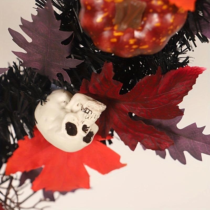Halloween Skull Pvc With Lights Wreath Artificial Fall Wreath With Maple Leaf Pumpkin Berries, Thanksgiving Wall Garden Hanging Decoration 17.8 Inch Halloween Skull Wreath Horror Wreath Halloween Prop Decoration2
