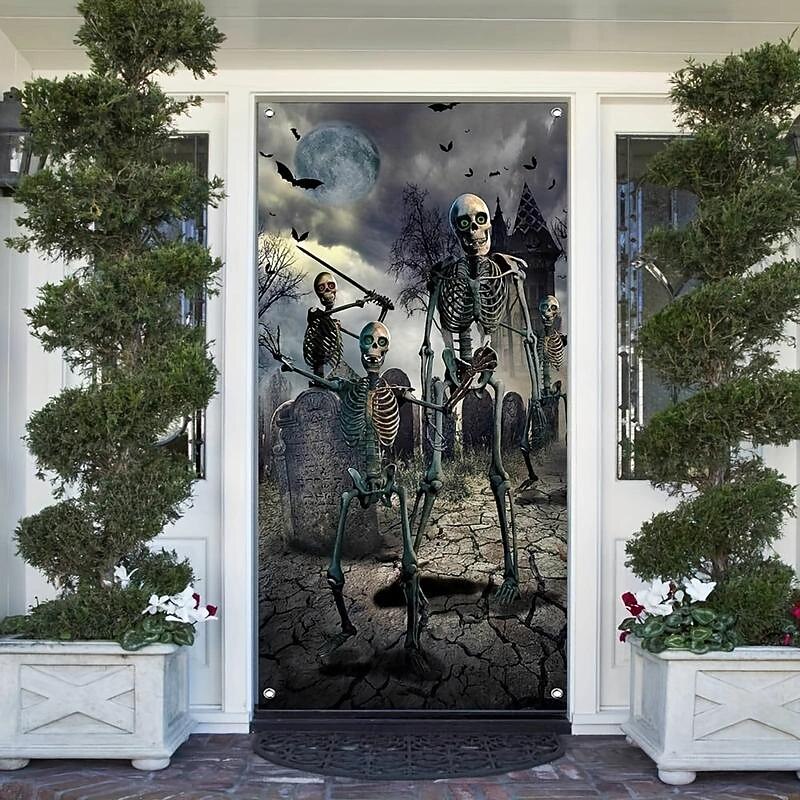 Halloween Tapestry Door Cover Skeleton Bone Backdrop Halloween Wall Decoration Front Door or Indoor Home Decor Halloween Party Decorations 1 Piece Halloween Decorations2