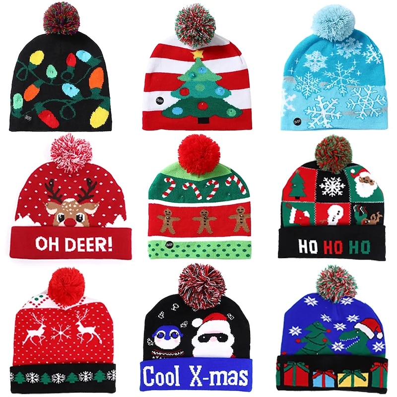 Christmas Kids Adult Decor Hat LED Christmas Hat Glow Christmas Knit Beanies Unisex Holiday Glow Sweaters Xmas Gifts New Year Party Ornaments4