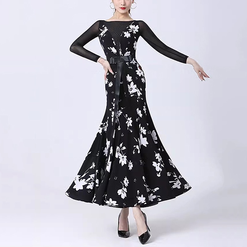 Ballroom Dance Dress Printing Splicing Women's Performance Party Long Sleeve Crystal Cotton Mesh3