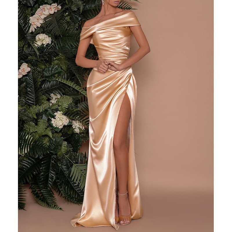 Gold Mermaid Evening Gown Sexy Dress Formal Wedding Guest Sweep / Brush  Train Sleeveless Off Shoulder Satin with Ruched Slit - Product Details