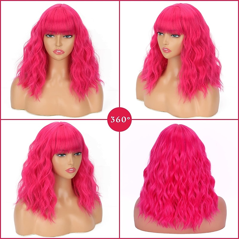 Short Pink Wigs for Women Short Wavy Hot Pink Wigs with Bangs Synthetic Pink Curly Bob Wig Curly Shoulder Length Cosplay Wig for Women Girls Colored Wigs3