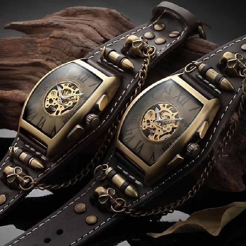 Cool Men Style Automatic Mechanical Analogue Watch Steam Punk Rock Gothic Leather Strap Black Brwon Watch Bullet Hollow-carved Design