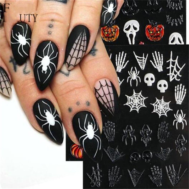 Halloween Decorative Nail Sticker Skull Head Spider Bone Pumpkin Embossed Nail Sticker Halloween Skeleton Decoration