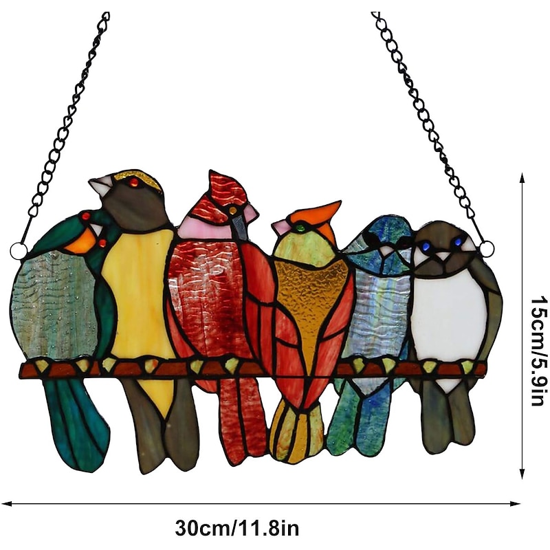 Stained Window Hangings, Decorative 9 Birds on a Wire Stained Glass, Handcraft Stained Window Panel, Gift Idea for Birthday, Easter, Christmas or Any Occasions3