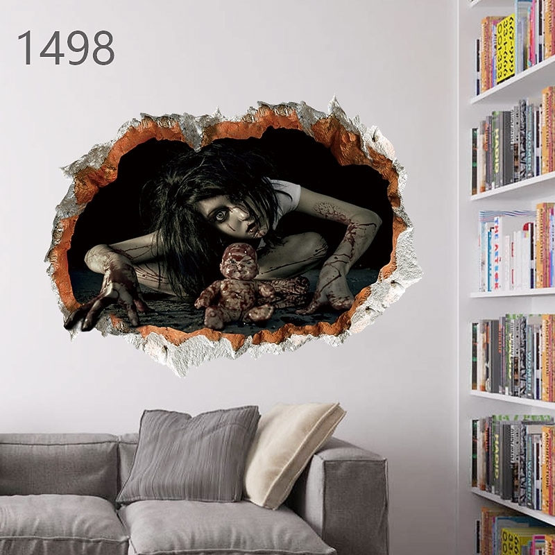3D Halloween Terror Lifelike Broken Wall Female ghost and male ghost Wall Stickers Removable Home Decoration Living Room Entrance Sofa Background Bedroom Study Mall Specific Scene Wall Stickers