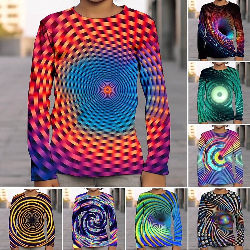 Boys 3D Graphic Optical Illusion T shirt Tee Long Sleeve 3D Print Summer Spring Fall Sports Fashion Streetwear Polyester Kids 4-12 Years Outdoor Casual Daily Regular Fit
