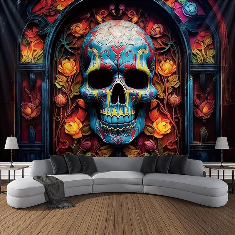 Halloween Skull Hanging Tapestry Day of Dead Mexican Wall Art Large Tapestry Mural Decor Photograph Backdrop Blanket Curtain Home Bedroom Living Room Decoration2