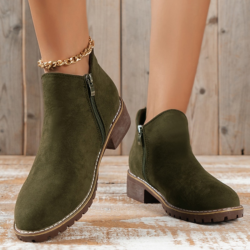 Women's Green Faux Suede Ankle Boots – Casual Side Zipper Flat Short Booties with Non-Slip Sole for Autumn Winter Daily Wear2