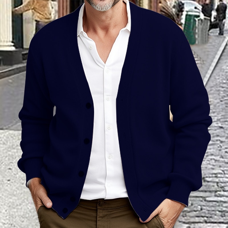 Men's Sweater Cropped  Sweater Cardigan Sweater Ribbed Knit Regular Knitted Plain V Neck Warm Ups Modern Contemporary Daily Wear Going out Clothing Apparel Winter Black Burgundy S M L4