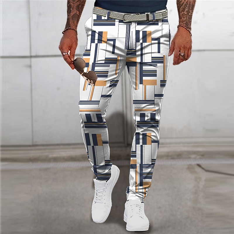 Plaid / Check Graphic Prints Geometry Business Men's 3D Print Pants Trousers Outdoor Street Wear to work Polyester Black White Blue S M L Mid Waist Elasticity Pants2