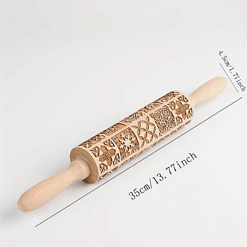 Embossing Rolling Pin (13.77''x1.77''), Wooden Rolling Pin, Square Flower Pattern Dough Roller, For Pizza, Pie, Cookies, Dumplings, Noodles, And More, Kitchen Utensils, Kitchen Gadgets, Kitchen Accessories, Home Kitchen Items3