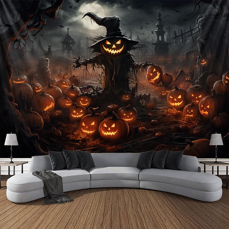 Halloween Decorations Tapestry Jack O Lantern Pumpkin Decor Wall Art Large Hanging Tapestry Mural Photograph Backdrop Blanket Curtain Home Bedroom Living Room Scarecrow Haunted House Graveyard