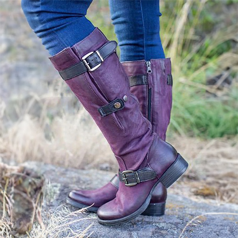 Women's Purple Faux Leather Knee-High Boots with Buckle Straps and Side Zipper, Vintage Style Motorcycle Boots for Outdoor and Casual Wear