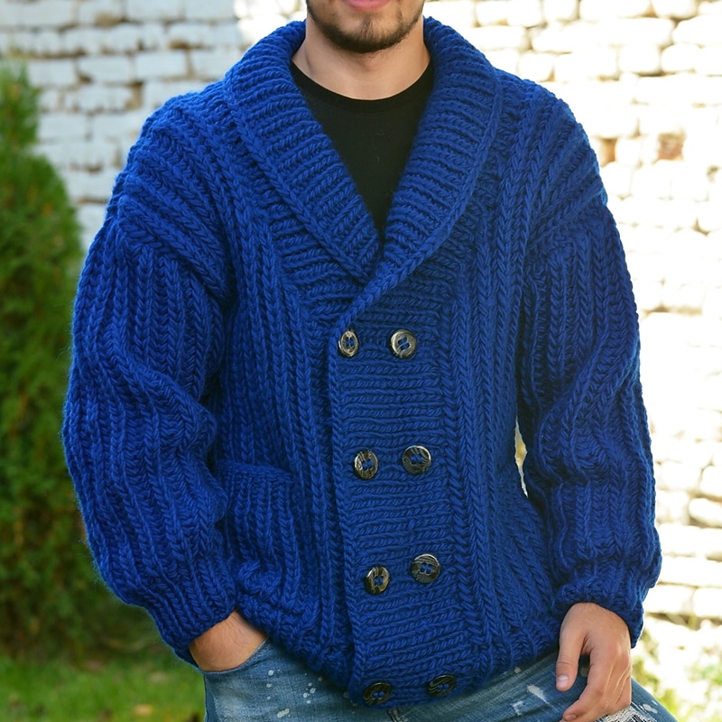 Men's Cardigan Sweater Cardigan Sweater Jacket Chunky Knit Regular Double Breasted Solid / Plain Color Shawl Collar Clothing Apparel Drop Shoulder Fall & Winter Royal Blue M L XL4