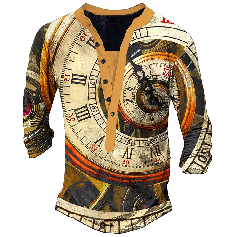 Men's Graphic Prints Clock Henley Shirt Graphic Tee Vintage Shirt Long Sleeve 3D Printing Fashion Basic Casual Outdoor Vacation Daily Spring &  Fall Dark Brown Brown Dark Gray Henley Henley T-Shirt
